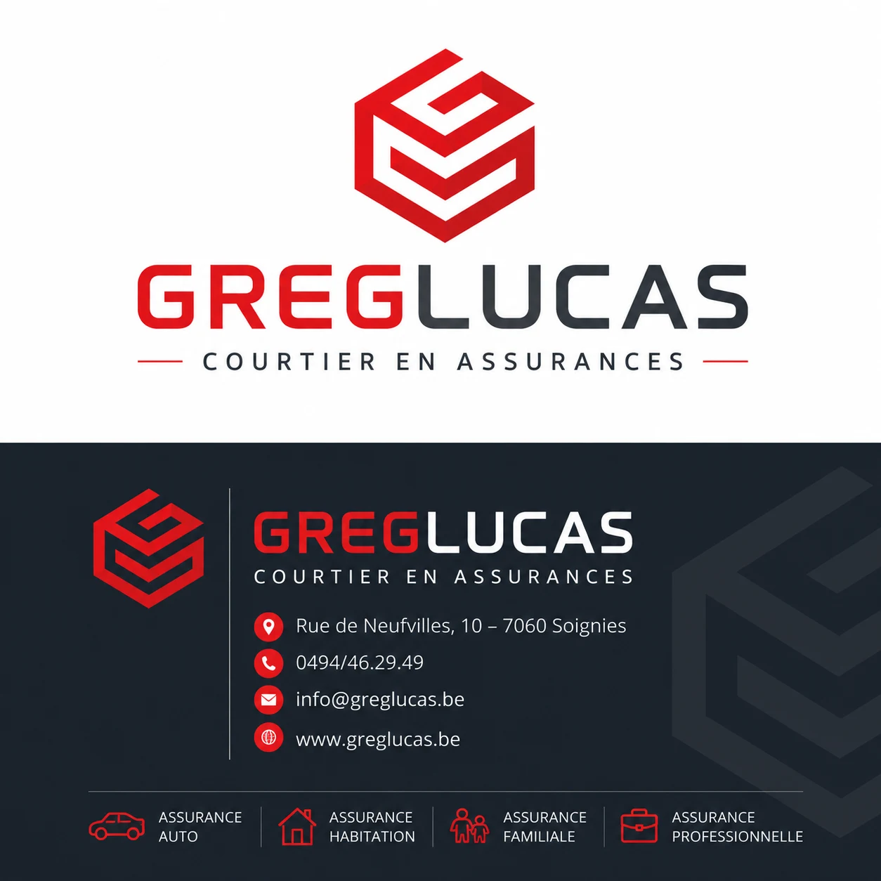Identité visuelle Greg Lucas Assurances avec coordonnées du cabinet