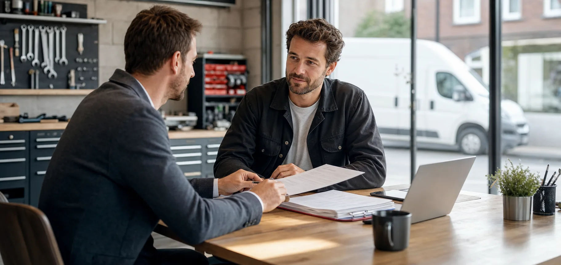 Indépendant échangeant avec son courtier en assurance professionnelle