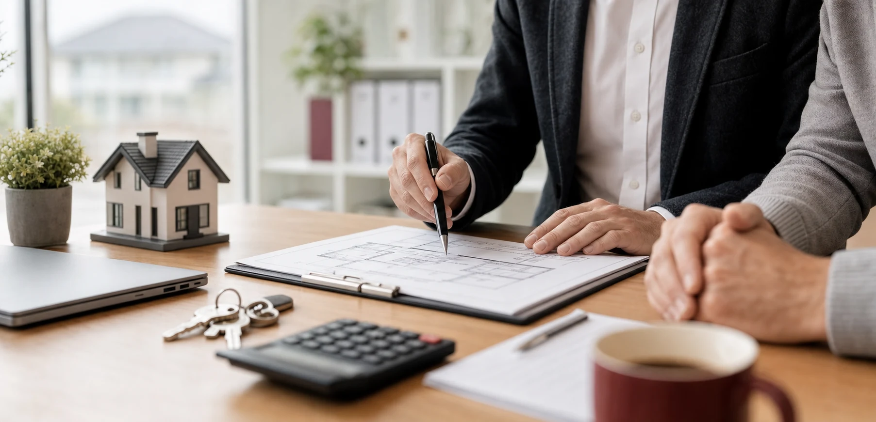 Préparation d'un dossier de crédit immobilier avec plan, clés et documents