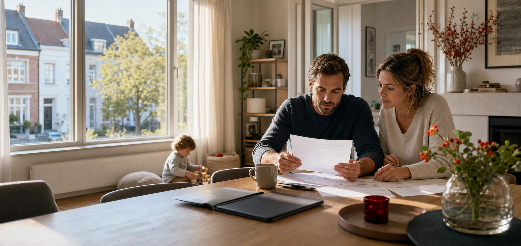 Famille consultant des documents d'assurance dans une maison lumineuse